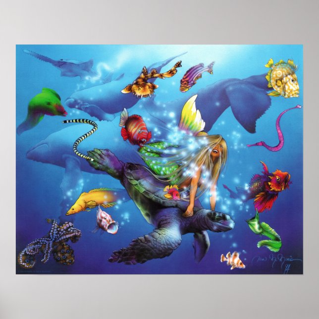 Mermaid Riding Sea Turtle Poster (Devant)
