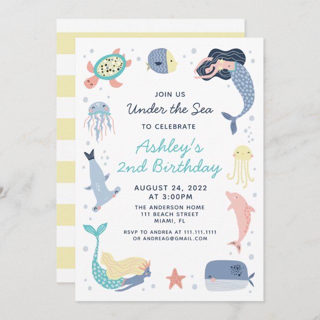 Mermaid Sea Animaux Anniversaire Fête Invitation (Devant / Derrière)