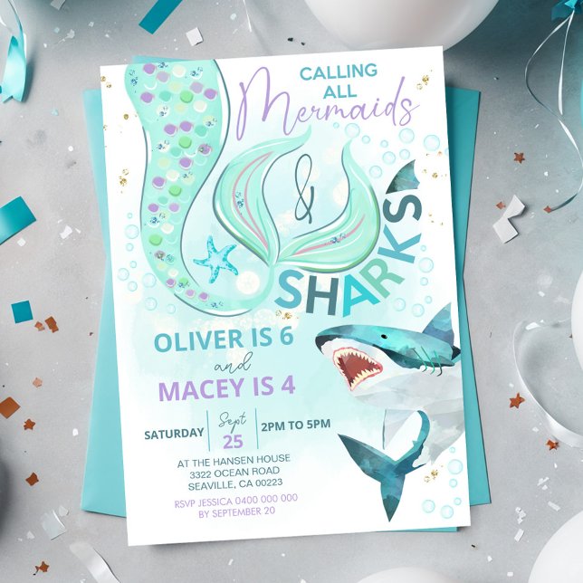 Mermaid Shark Anniversaire Invitation conjointe An (Mermaid Shark Birthday Invitation. Joint boy girl birthday invitation)