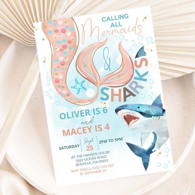 Mermaid Shark Anniversaire Invitation conjointe An (Mermaid and Shark Birthday Invitation. Perfect invitation for pool parties, beach parties and more)
