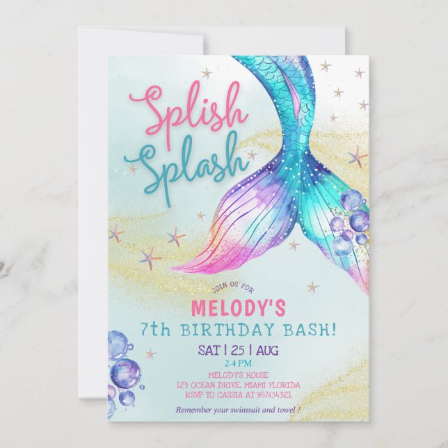 Mermaid Tail Glitter 7th Birthday Invitation (Devant)
