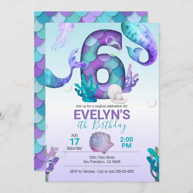 Mermaid Tail Mermaid Invitation pour 6e anniversai (Devant / Derrière)