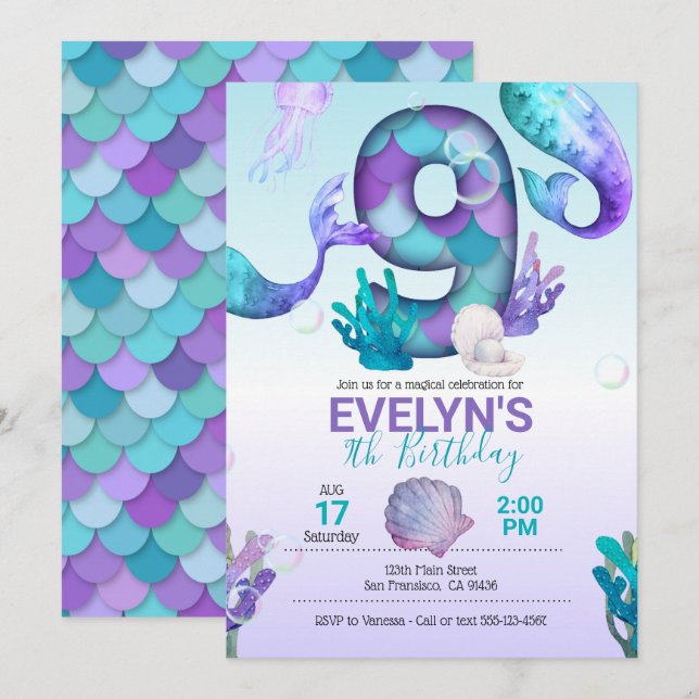 Mermaid Tail Mermaid Invitation pour 9e anniversai (Devant / Derrière)