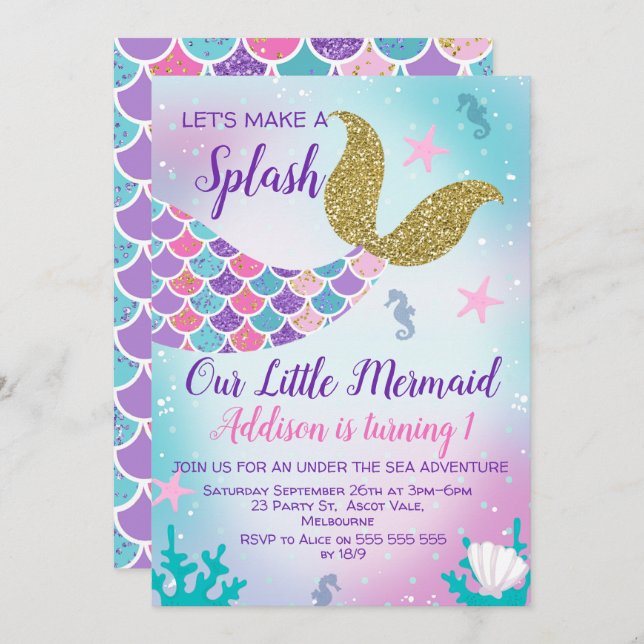 Mermaid Tail or rose pourpre Invitation Anniversai (Devant / Derrière)