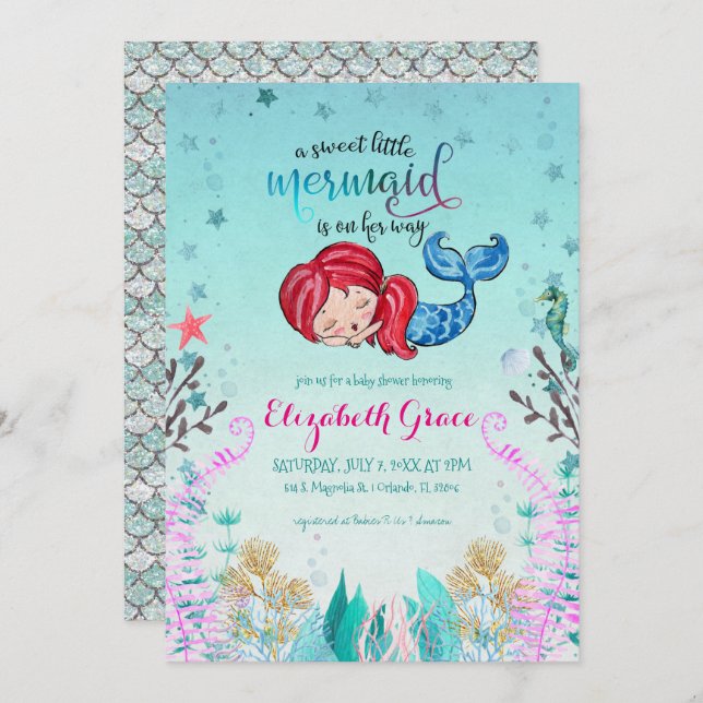Mermaid Thème Baby shower Invitation (Devant / Derrière)