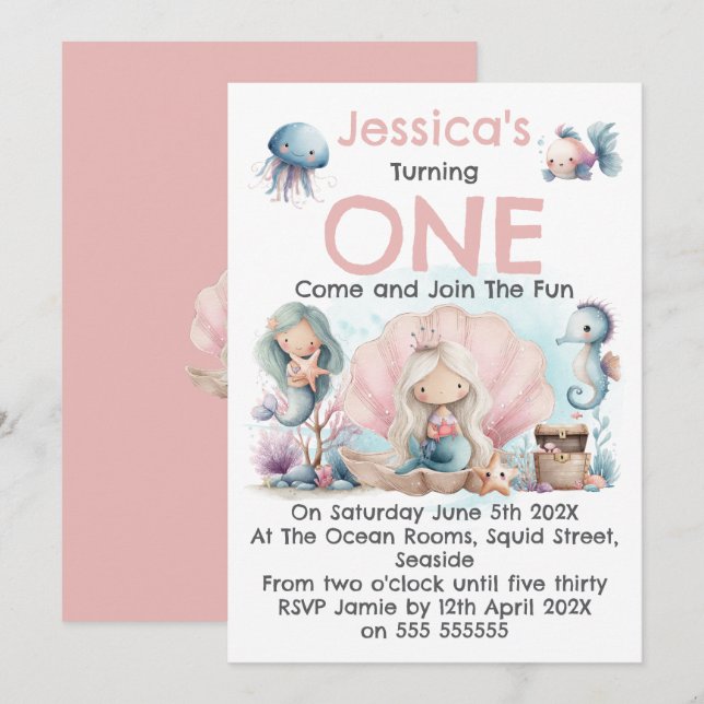 Mermaid Themed 1st Birthday Invitation (Devant / Derrière)