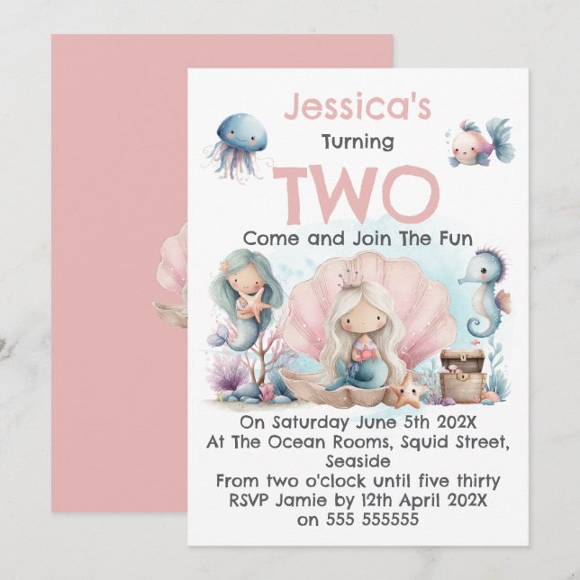 Mermaid Themed 2nd Birthday Invitation (Devant / Derrière)