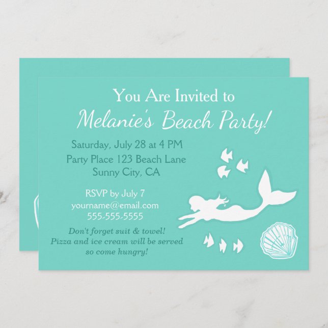 Mermaid Turquoise Beach Party Invitation personnal (Devant / Derrière)
