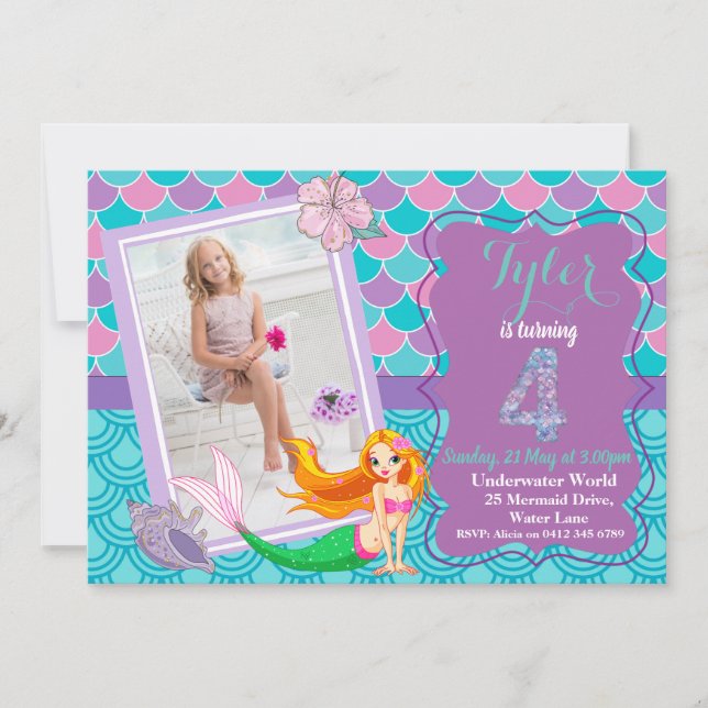Mermaid Under the Sea 4th Birthday invitation (Devant)