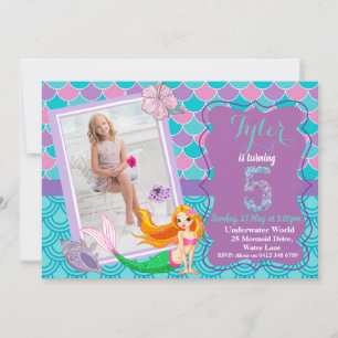 Mermaid Under the Sea 5th Birthday invitation