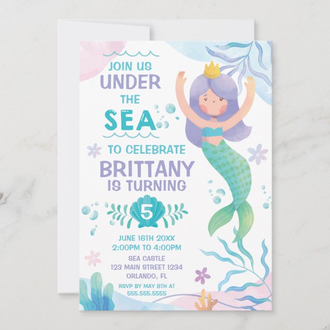 Mermaid Under the Sea cute birthday invitation (Devant)