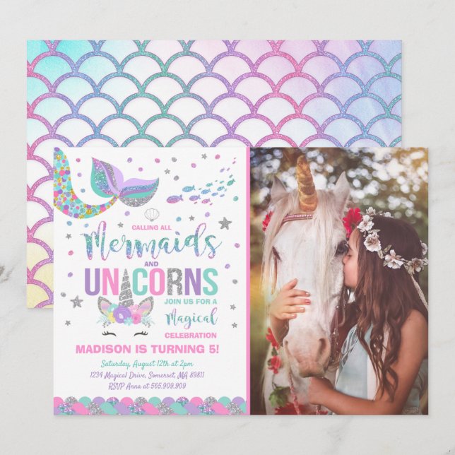 Mermaid & Unicorn Anniversaire Invitation Magie Pa (Devant / Derrière)