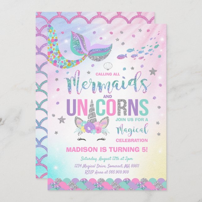 Mermaid & Unicorn Anniversaire Invitation Magie Pa (Devant / Derrière)