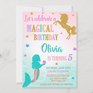 Mermaid Unicorn Birthday Invitation Magical party
