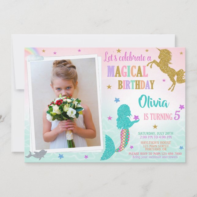 Mermaid Unicorn birthday invitation with photo (Devant)