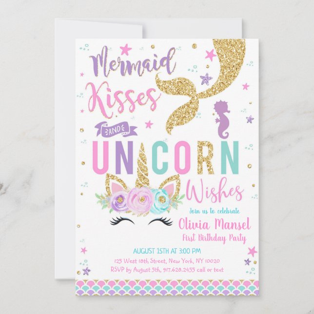 Mermaid Unicorn Girl Birthday Invitation (Devant)