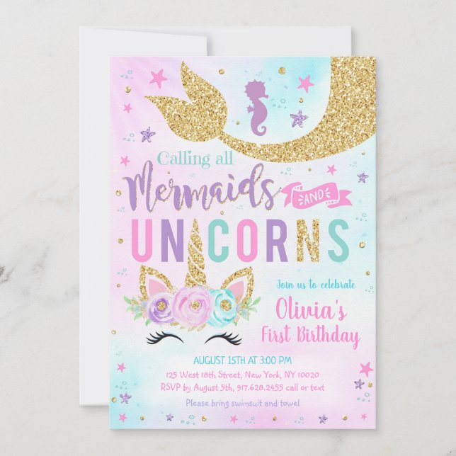 Mermaid Unicorn Girl Birthday Invitation (Devant)
