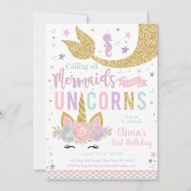 Mermaid Unicorn Girl Birthday Invitation (Devant)