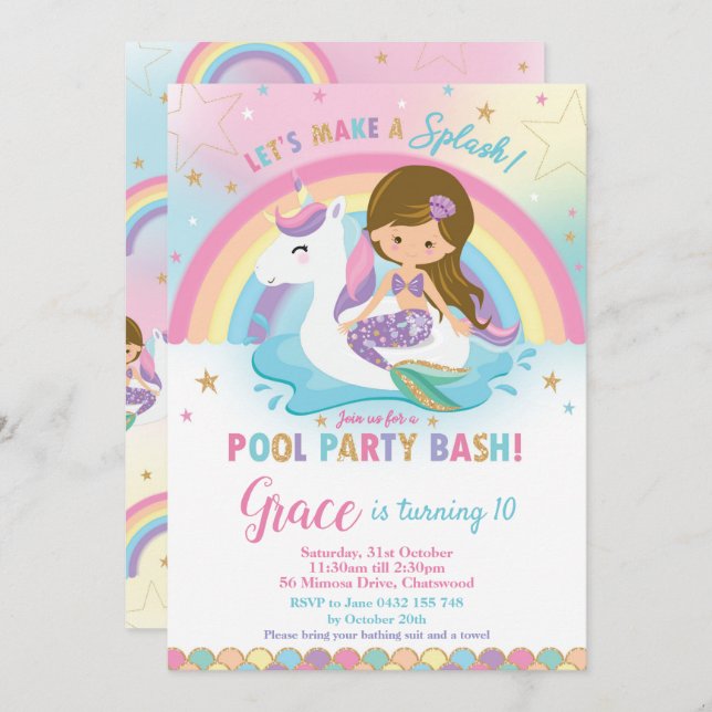 Mermaid Unicorn Pool Party Anniversaire Invitation (Devant / Derrière)