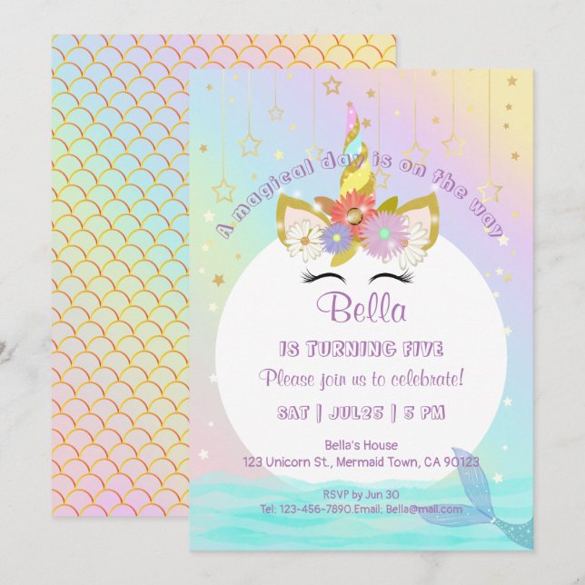 Mermaid Unicorn Rainbow Invitations d'anniversaire (Devant / Derrière)