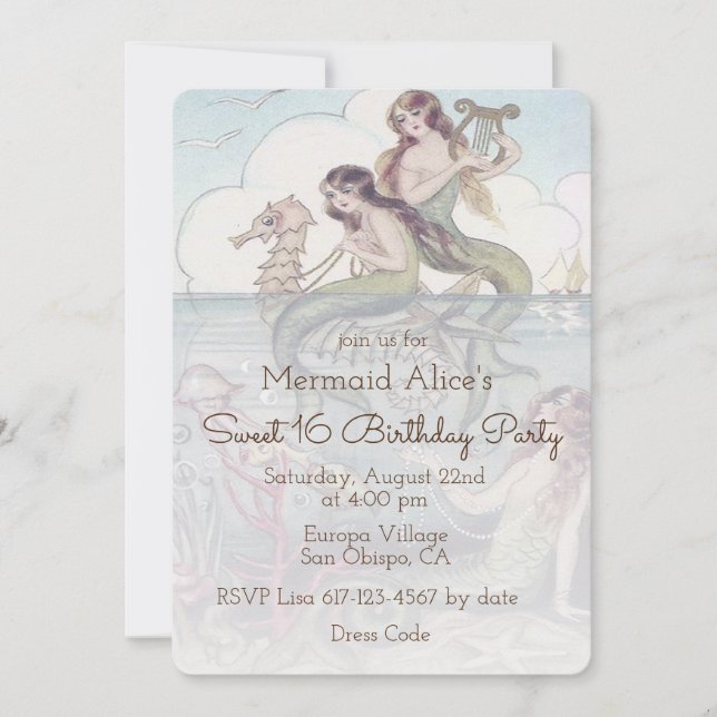 Mermaid Vintage Sweet 16 Anniversaire Invitation (Devant)