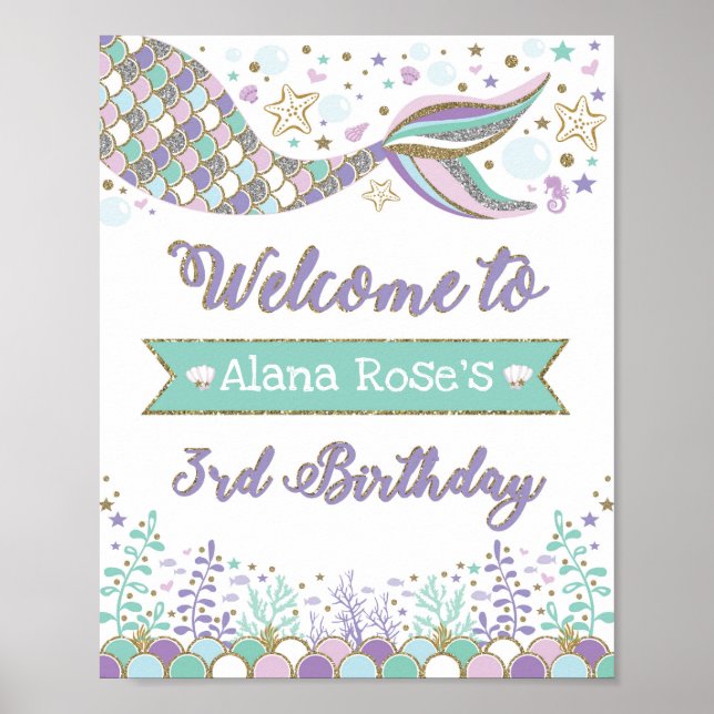 Mermaid Welcome Poster 3e anniversaire Pool Party (Devant)