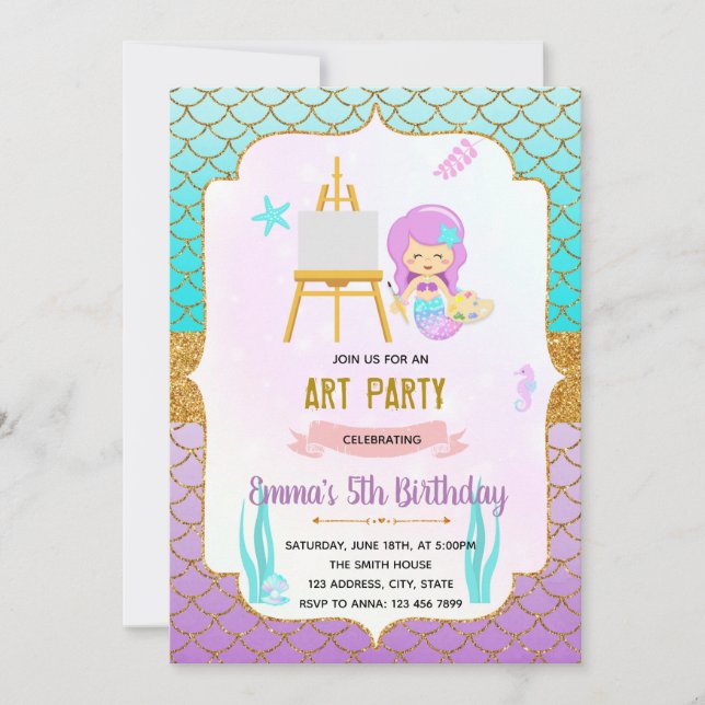 mermaids art peinture thème invitation (Devant)