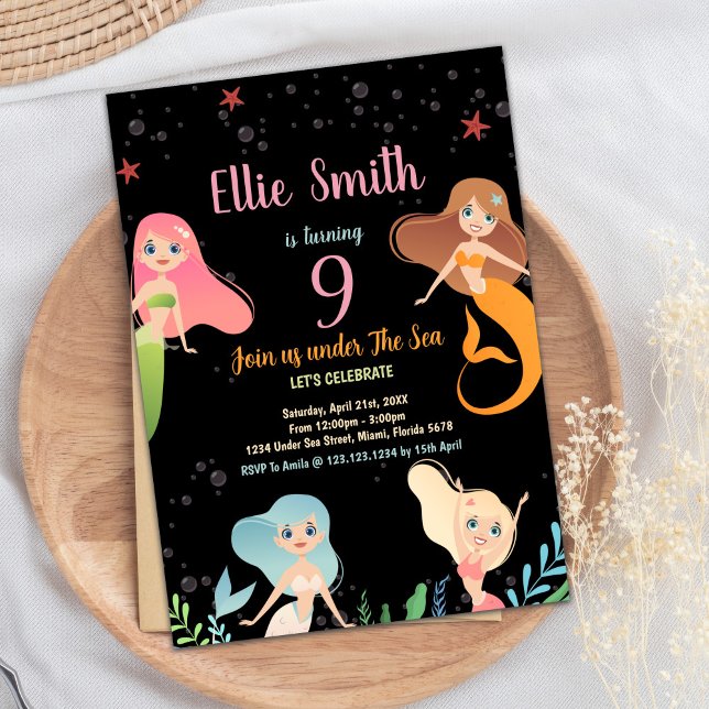Mermaids noirs Anniversaire sous la mer Invitation (Black Mermaids Birthday Under the sea Invitations)