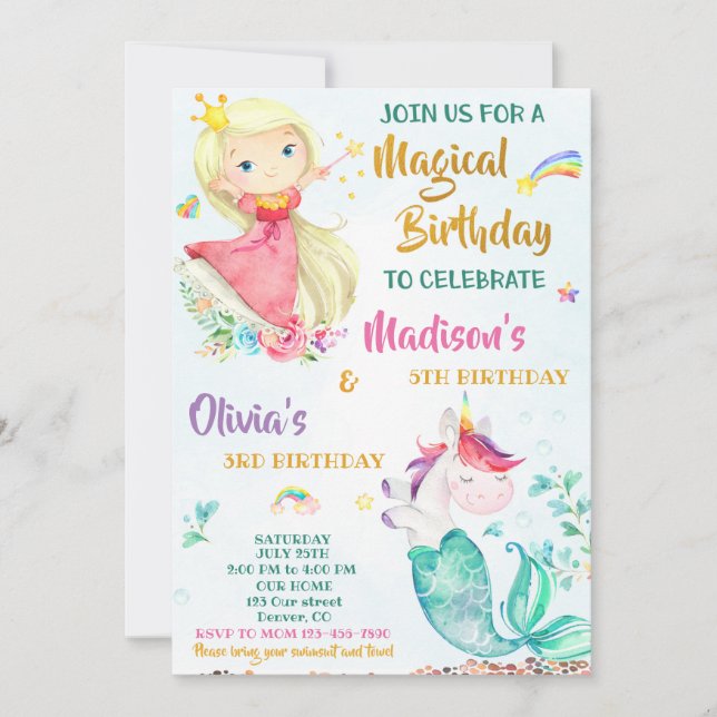 Mermicorn et princesse invitation anniversaire fil (Devant)