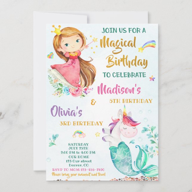 Mermicorn et princesse invitation anniversaire fil (Devant)