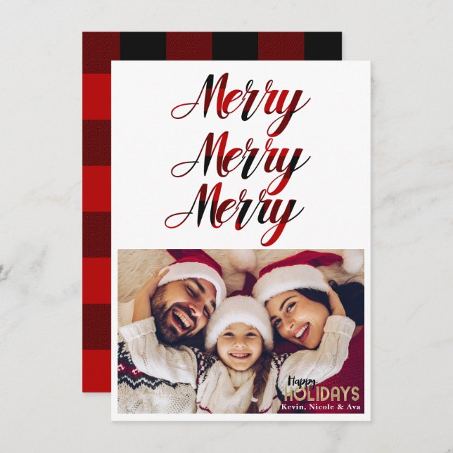 MERRY 3 Red Buffalo Plaid Holiday Carte photo (Devant / Derrière)