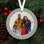 Merry and Bright Modern Silver Stars Family Photo<br><div class="desc">Simple and moderne Christmas ornament design objets a round picture framed by a pattern of twinkle lights and stars. The back of the ornament includes "Merry and Bright" in elegant script text with custom text for the year. Le Solive Silver gray colored background can be modifiée.</div>
