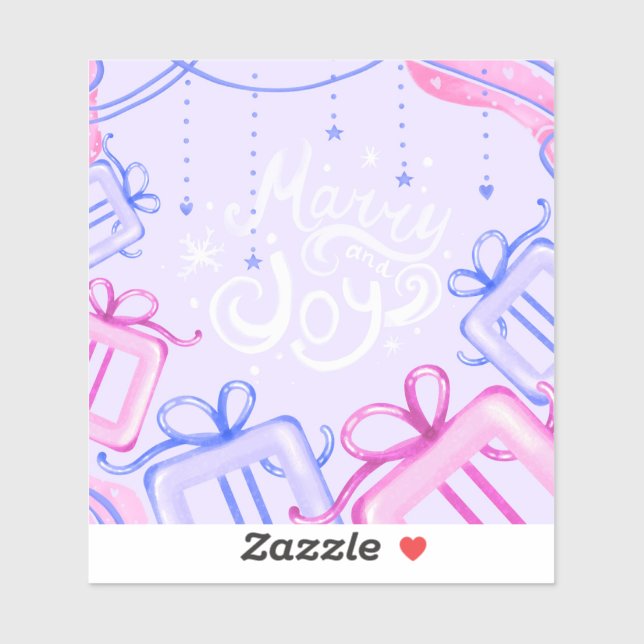 Merry and Joy Pastel Holiday Sticker with Gifts (Feuille)