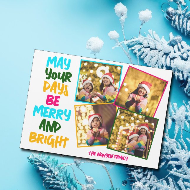 Merry Bright Christmas 4 Photo Collage Magnet Card (Créateur téléchargé)