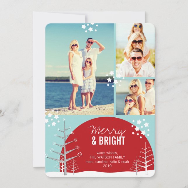 Merry & Bright Snow Trees Stars Carte photo de vac (Devant)