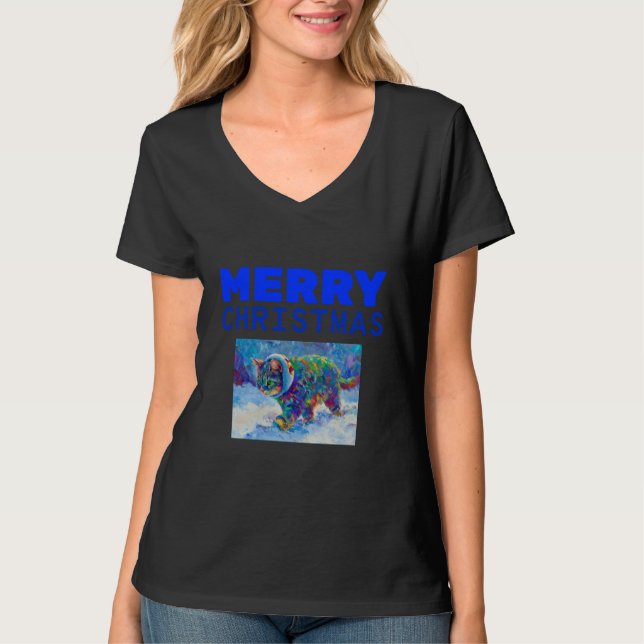 'Merry Christmas' Colorful Cat Holiday T-Shirt (Devant)