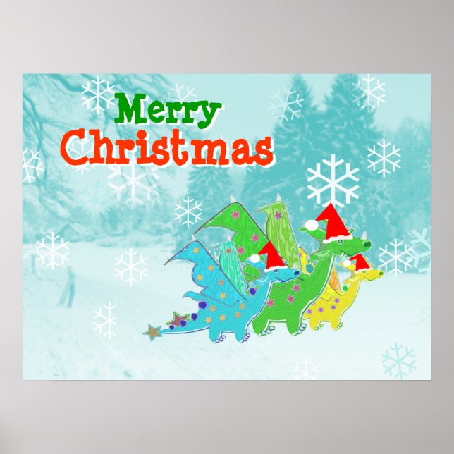 Merry Christmas Kawaii Dragons Poster (Devant)