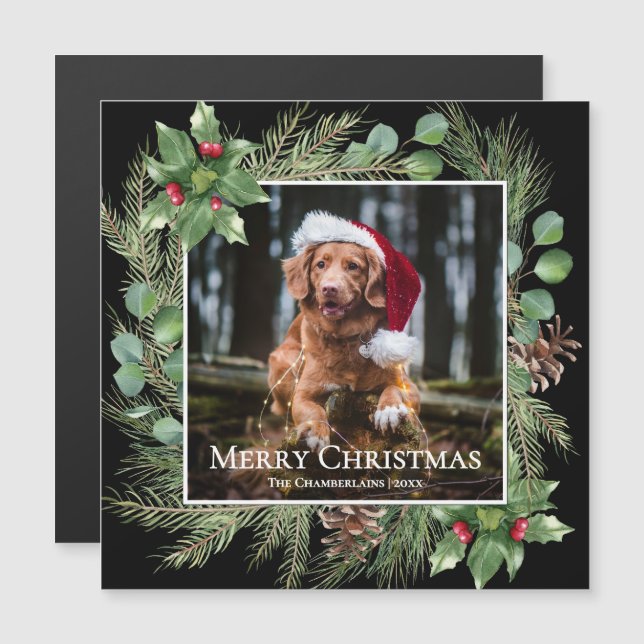 Merry Christmas Pet Photo Wreath Magnetic Card (Devant / Derrière)