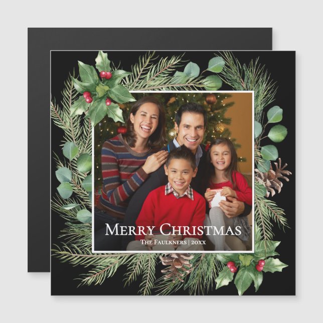 Merry Christmas Photo Wreath Magnetic Card (Devant / Derrière)