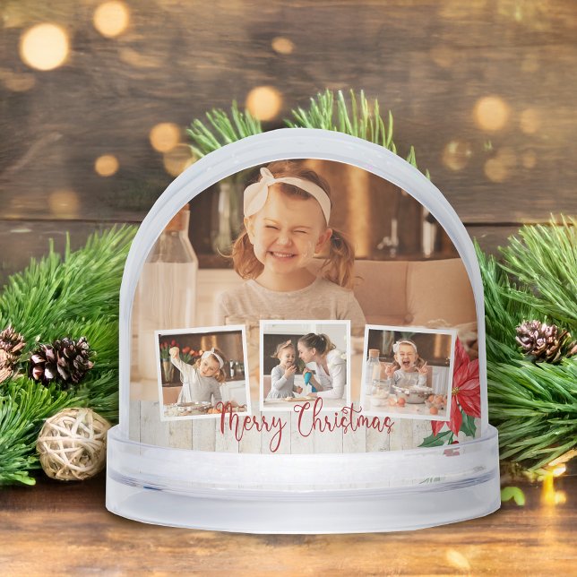 Merry Christmas Rustic Floral 4-Photo Snow Globe (Créateur téléchargé)