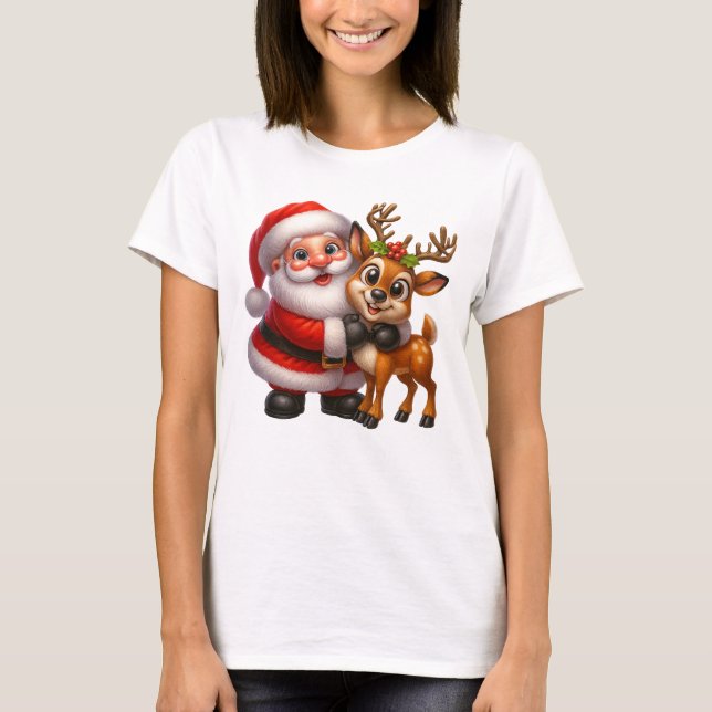 Merry Christmas Santa and Deer T-shirt (Devant)