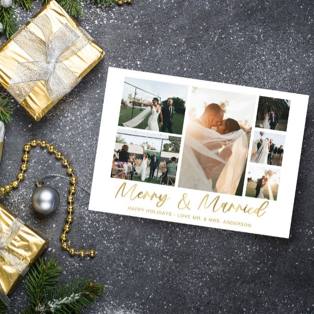 Merry & Married Gold 6 Multi Photo Holiday Card (Créateur téléchargé)