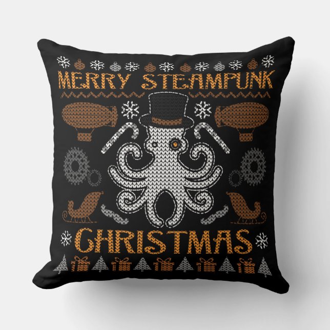 Merry Steampunk Noël Octopus Top Hat Coussin (Recto)