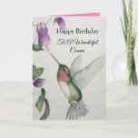 Merveilleuse carte Cousin Birthday Hummingbird<br><div class="desc">Célébrez l'anniversaire de votre merveilleux cousin avec un design élégant de colibri sur une carte de voeux charmant. Créée à partir de ma peinture originale à l'aquarelle, la jolie petite image d'oiseau et de fleurs égayera la journée pour les ornithologues, les jardiniers et les amoureux de la nature. La femme...</div>