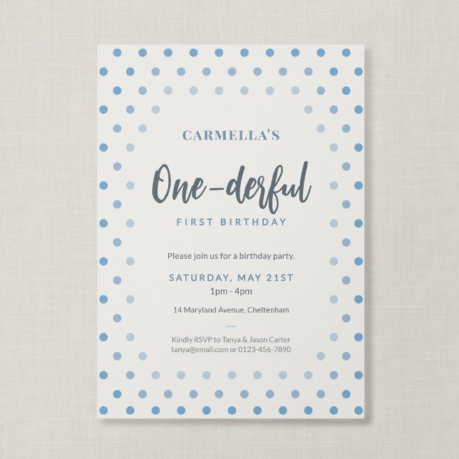 Merveilleux Invitation Premier Anniversaire Bleu F ( Blue Polka Dot - One-derful First Birthday Invitation, Front)
