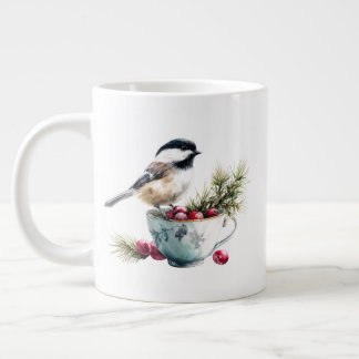 Mésange sur une tasse de thé avec des canneberges