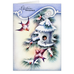 Message de Noël Vintage Oiseaux Bleu Birdhouse