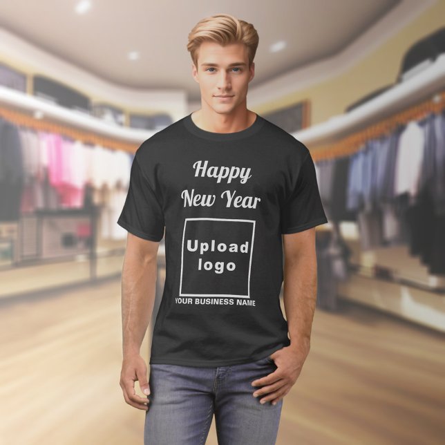 Message de voeux pour le Nouvel An sur T-shirt noi (Business name and logo with New Year greeting on black t-shirt)