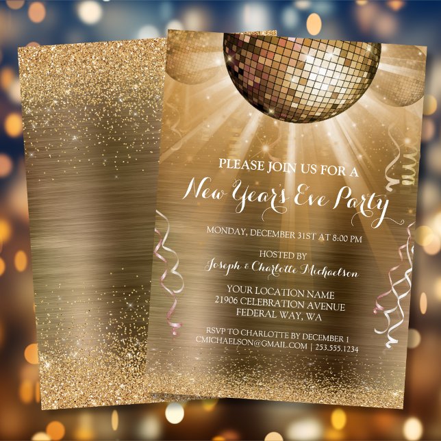 Métallic Gold Glam Invitation du Nouvel An à la So (Metallic Gold Glam New Year's Eve Party Invitation)