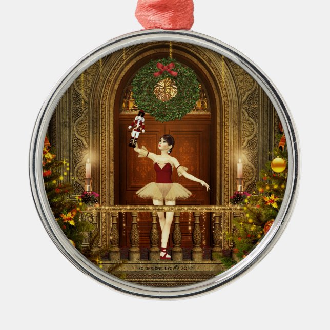 Métallique Ballerina et Nutcracker Argent rond Ornement (Devant)